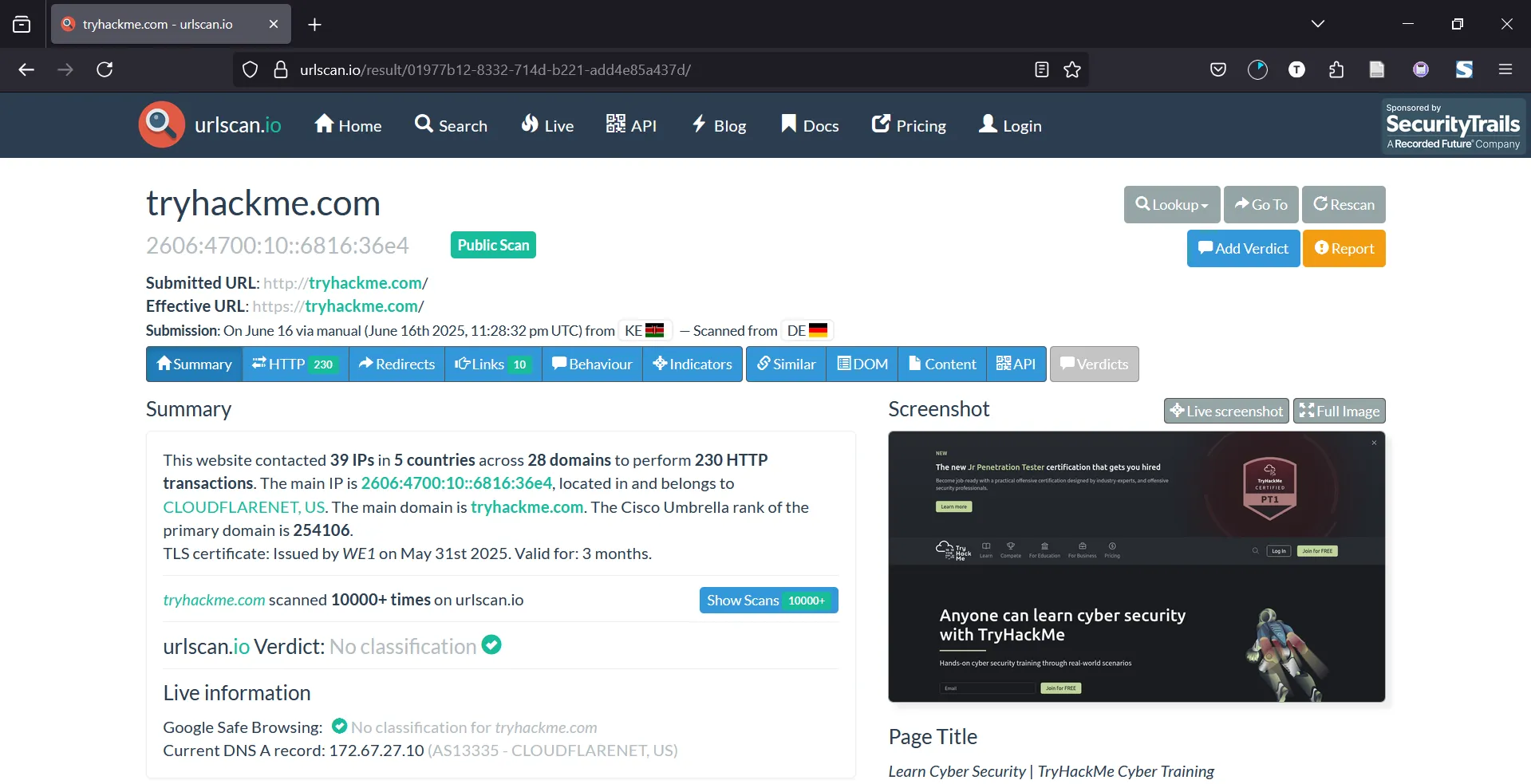 URLScan report for tryhackme.com