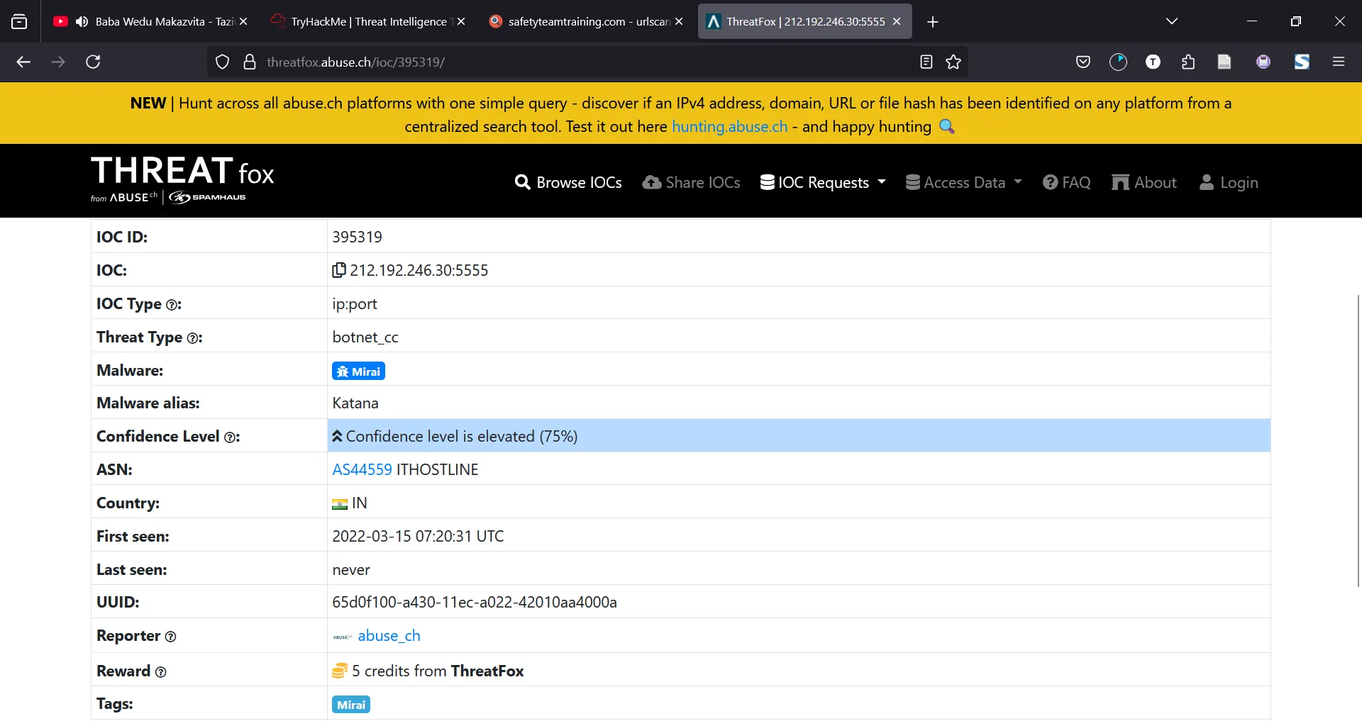 ThreatFox IOC details with malware label