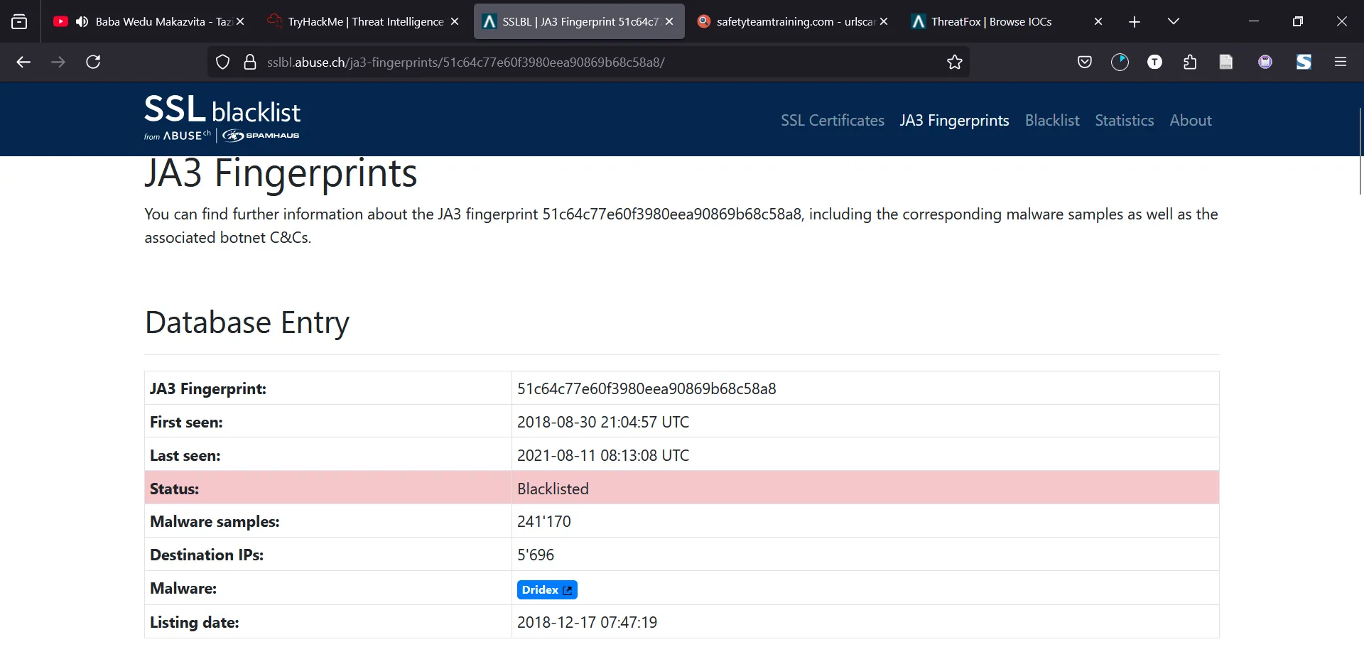 SSLBL JA3 fingerprint result